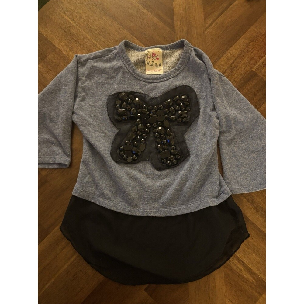 Jenna & Jessie Girls Size 8 Pullover T-Shirt Blue Black Bow Beaded Cotton Blend